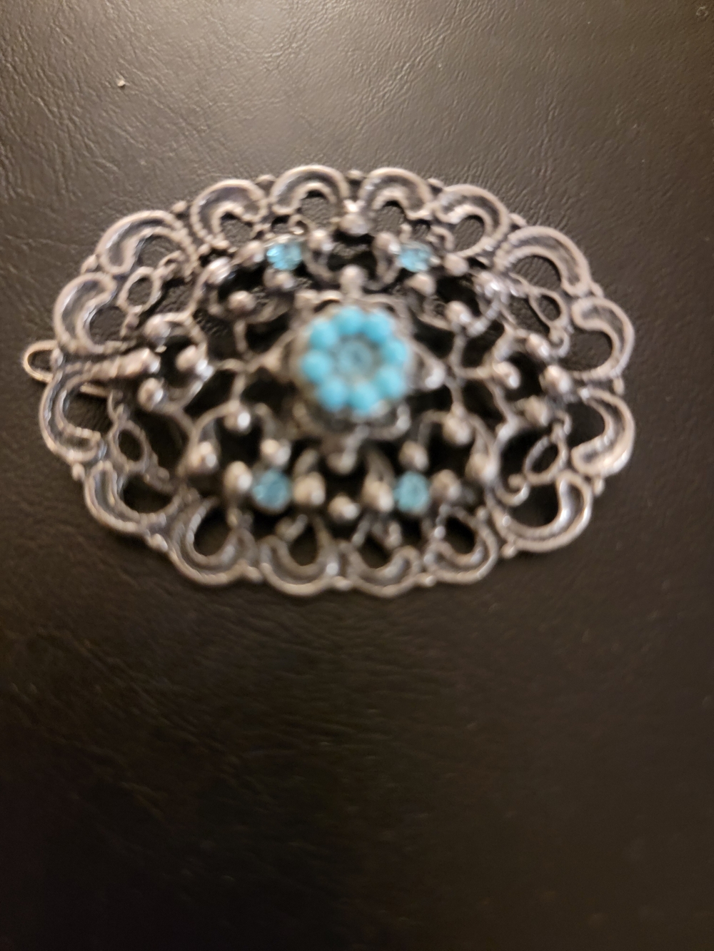 Vintage-Style Silver Filigree Barette with Turquoise Accents